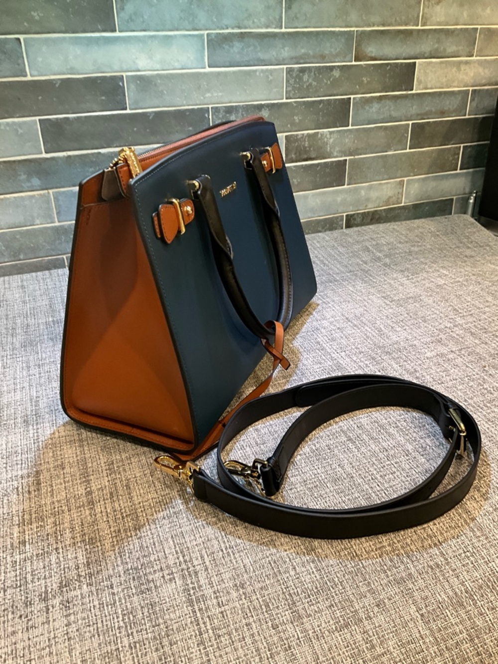 BOSTANTEN Navy and Brown Leather Satchel - Picture 14 of 14